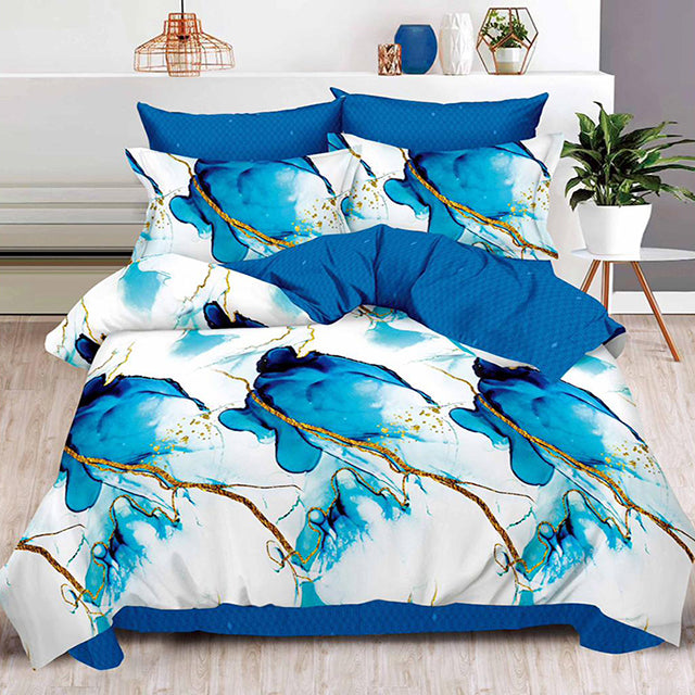 Спално бельо от 100% памук – бяло и синьо с мраморен ефект