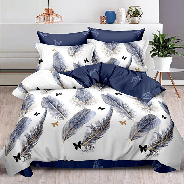 Спално бельо от 100% памук – бяло и морскосиньо с пера