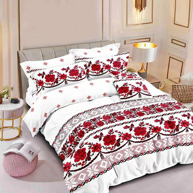 Спално бельо от 100% памук – бял фон с червени рози и шевици