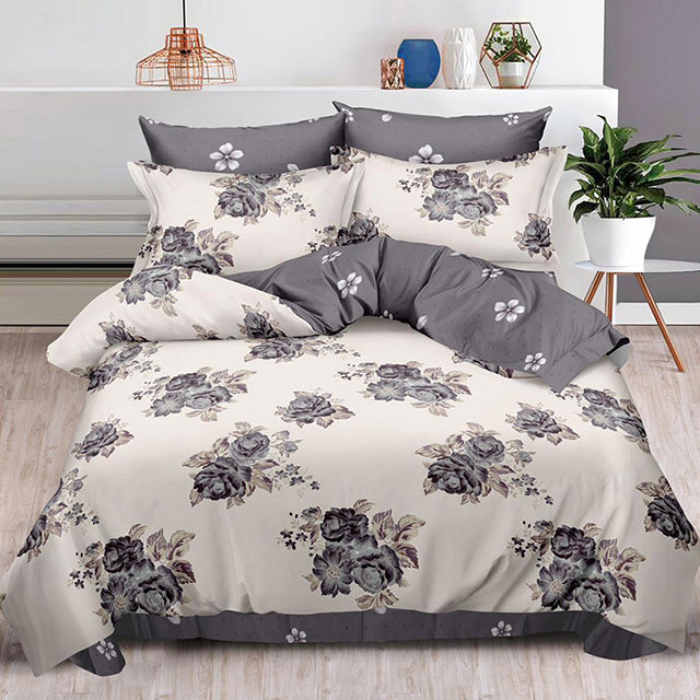 Спално бельо от 100% памук – кремав цвят и сиво с цветя