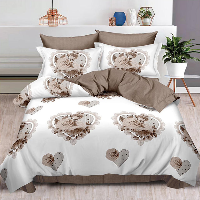 Спално бельо от 100% памук – бяло и кафяво с рози и сърца