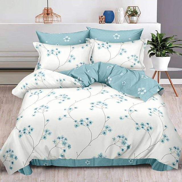 Спално бельо от 100% памук – бяло и синьо с цветя