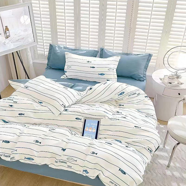 Спално бельо от 100% памук – бяло и синьо с рибки