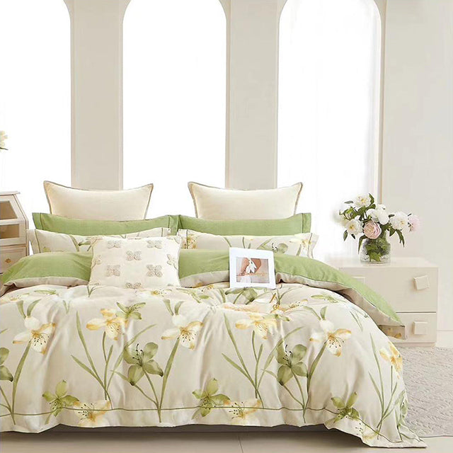 Спално бельо от 100% памук – бяло със зелени цветя