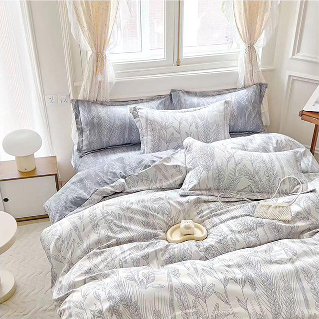 Спално бельо от 100% памук – бяло със сиви цветя