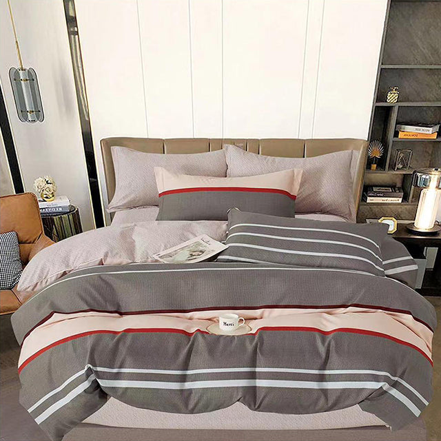 Спално бельо от 100% памук – сиво и бежово с червени и бели линии карирано