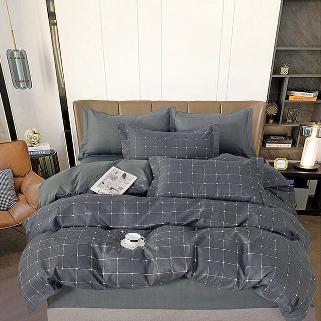 Спално бельо от 100% памук – тъмносиво на квадрати и точки