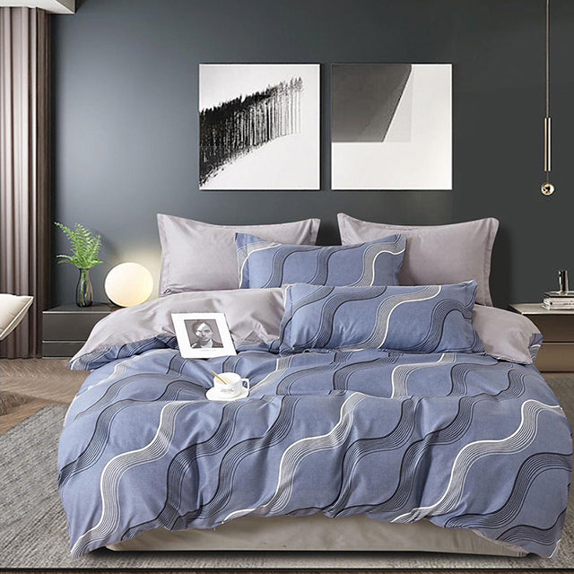 Спално бельо от 100% памук – синьо и сиво с вълнообразни линии