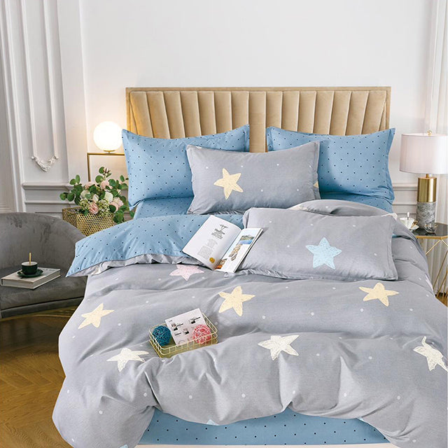 Спално бельо от 100% памук – сиво и синьо със звезди
