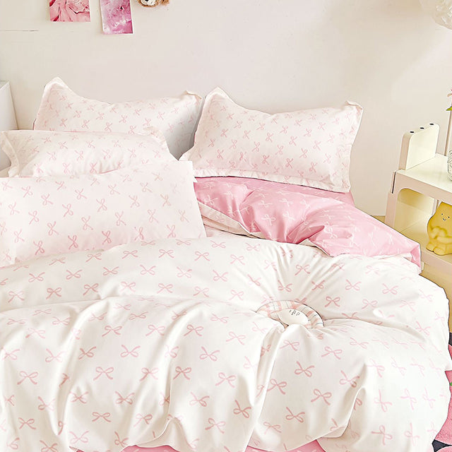 Спално бельо от 100% памук - бяло и розово с панделки