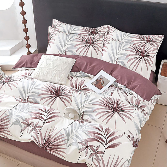 Спално бельо от 100% памук – бяло и цвят вишна с листа