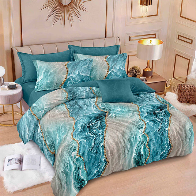 Спално бельо от 100% памук – сиво и зелено с мраморен ефект