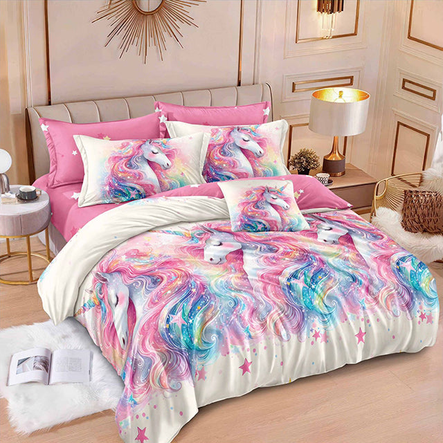 Спално бельо от 100% памук – бяло и розово с еднорози и звездички