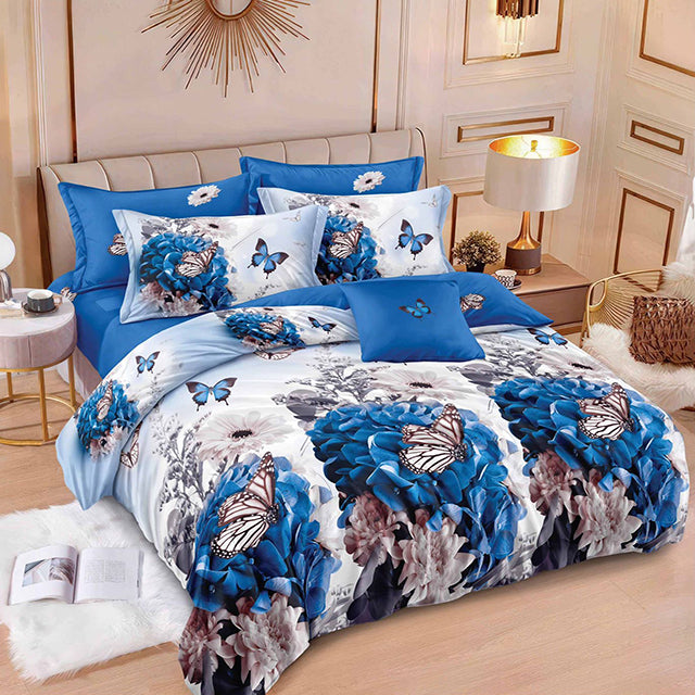 Спално бельо от 100% памук – бяло и синьо с пеперуди