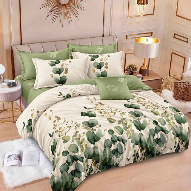 Спално бельо от 100% памук – бяло и зелено с листенца