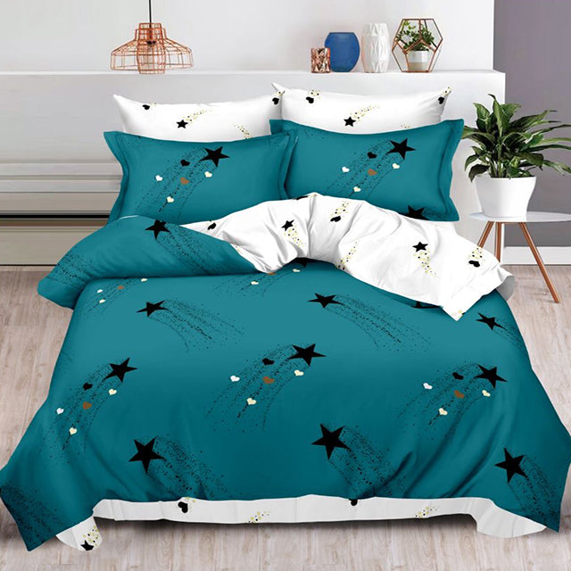 Спално бельо от 100% памук – тюркоазено и бяло със звездички