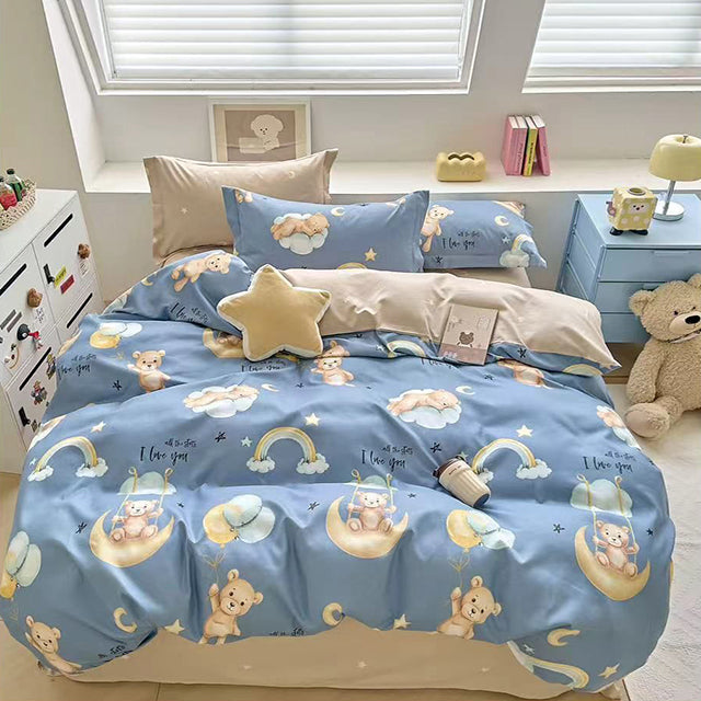 Спално бельо от 100% памук – синьо с мечета и луни