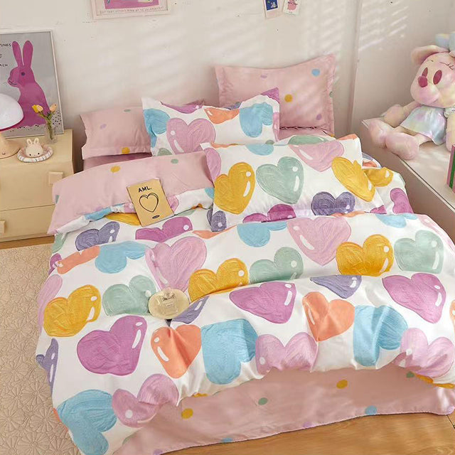 Спално бельо от 100% памук - бяло и розово със шарени сърца