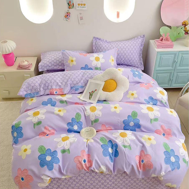 Спално бельо от 100% памук - лилаво с цветя