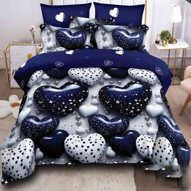 Спално бельо от 100% памук - бели и сини сърца