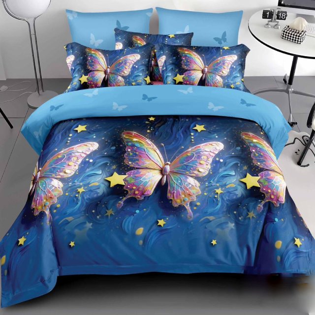 Спално бельо от 100% памук - синьо с пеперуди и звезди