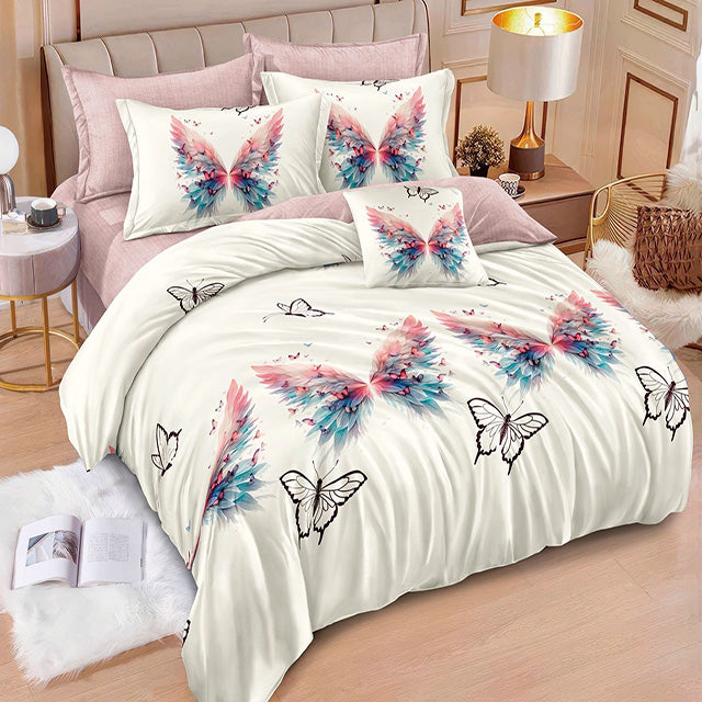 Спално бельо от 100% памук - бяло и лилаво с пеперуди 