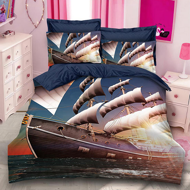 3D Спално бельо от 100% памук - тъмносин фон с кораб