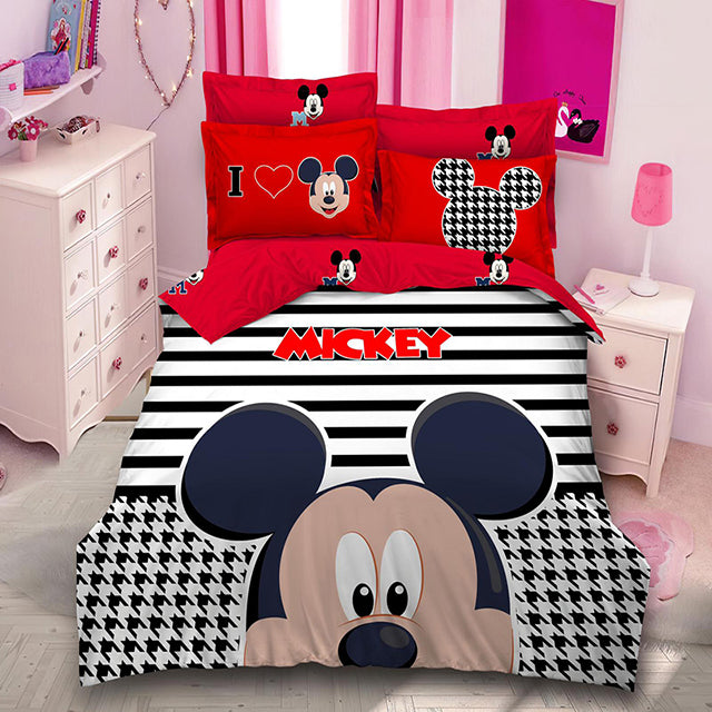 3D Спално бельо от 100% памук - бяло, черно и червено с Мики Маус