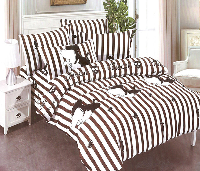 Спално бельо от поликотън – бяло с кафяви линии и две котета