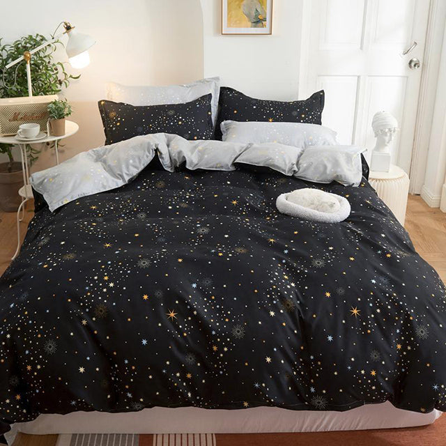 Спално бельо от поликотън – черно и сиво с малки звездички