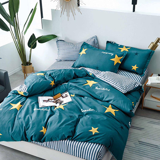 Спално бельо от поликотън – зелен цвят със звезди и райета