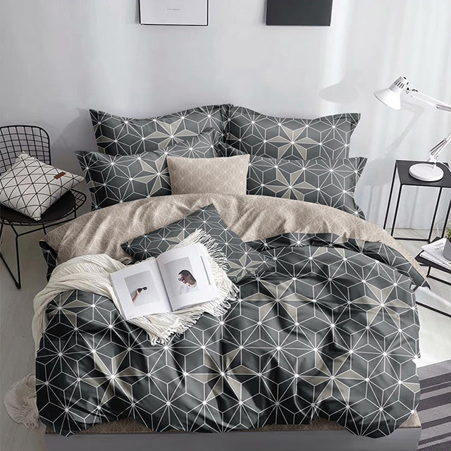 Спално бельо от поликотън – сиво и бежово с квадрати