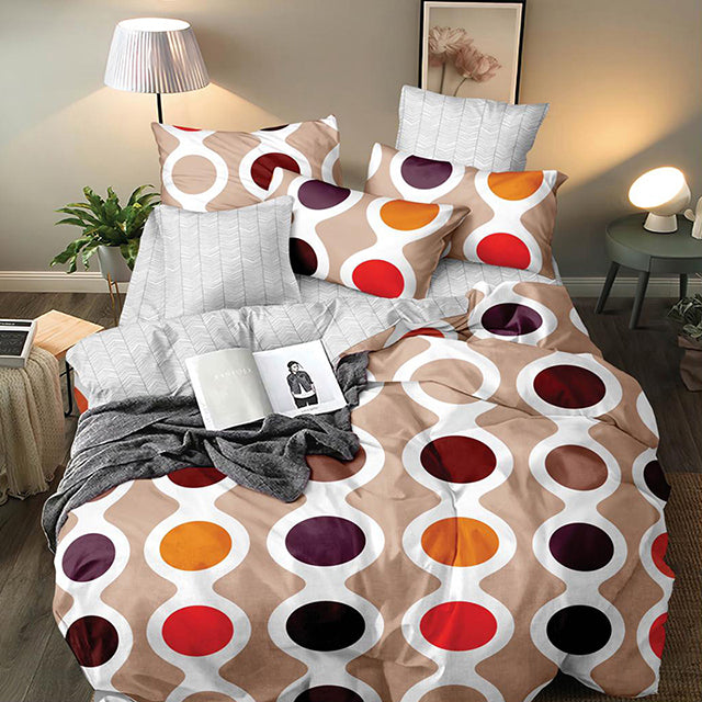 Спално бельо от поликотън – светлокафяво и сиво с цветни точки