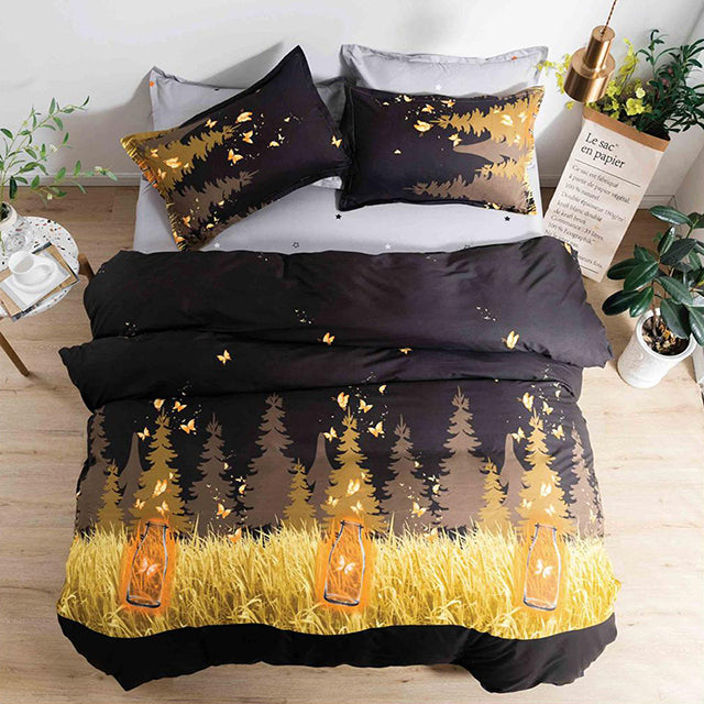 Спално бельо от поликотън – нощен пейзаж с горичка и борови дървета