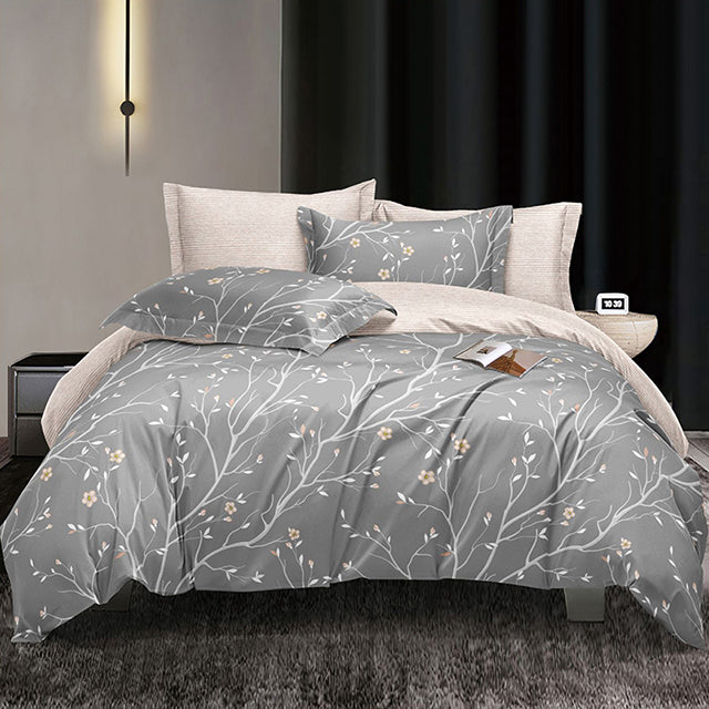 Спално бельо от поликотън – сиво с бели дървета