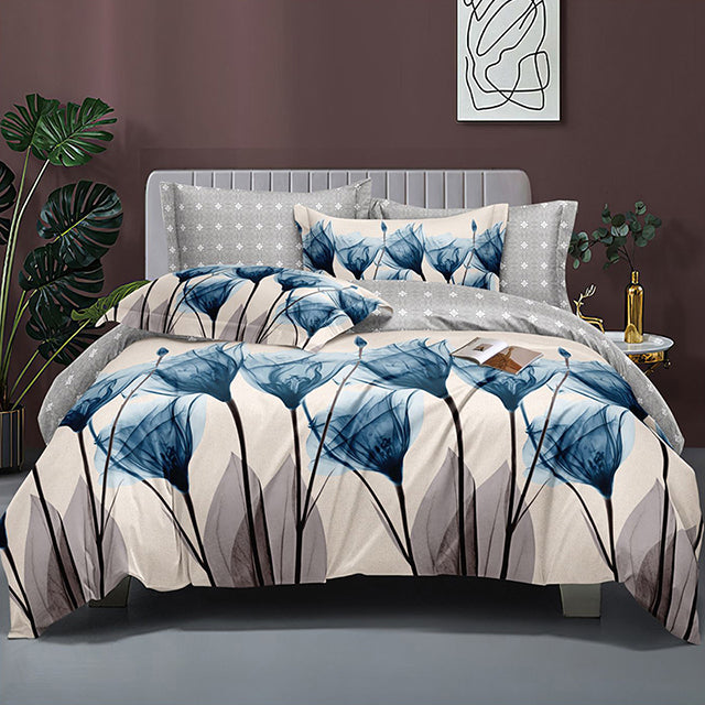 Спално бельо от поликотън – кремав и сив цвят със сини цветя