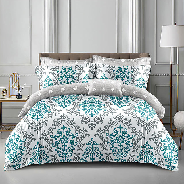 Спално бельо от поликотън – бяло и сиво със син кант