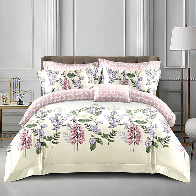 Спално бельо от поликотън – екрю и розово с цветя