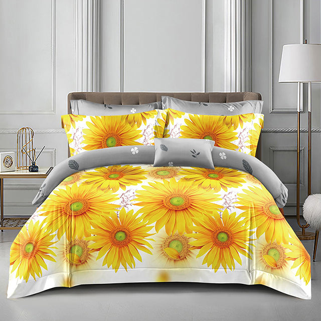 Спално бельо от поликотън – бяло и сиво с гербери