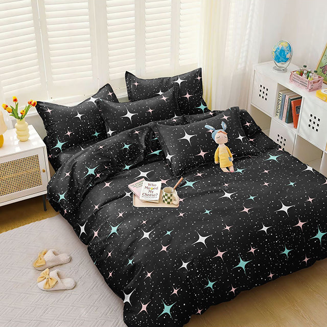 Спално бельо от поликотън – черно с искрящи звездички
