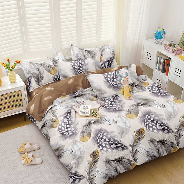 Спално бельо от поликотън – сиво и кафяво с пера