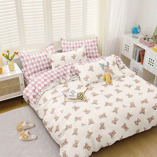 Спално бельо от поликотън – цвят крем и розово с каре и мечета