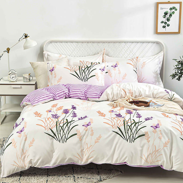 Спално бельо от поликотън – бежово и лилаво с цветя