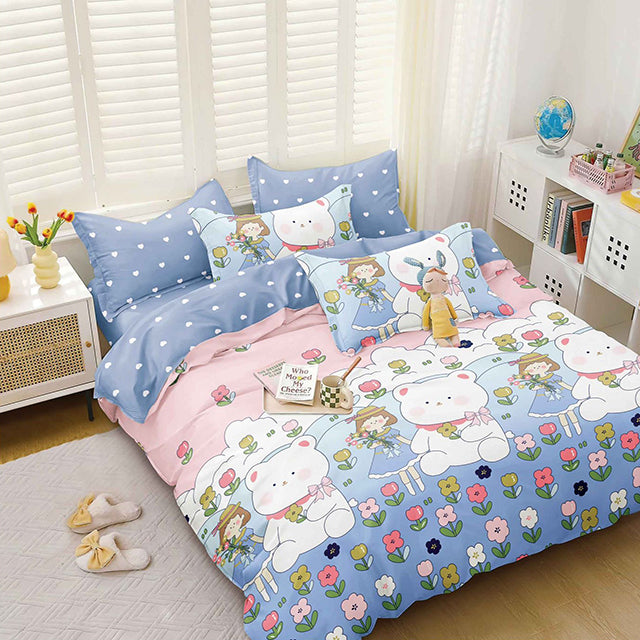 Спално бельо от Поликотън – сниьо и розово с мече, цветя и момиче