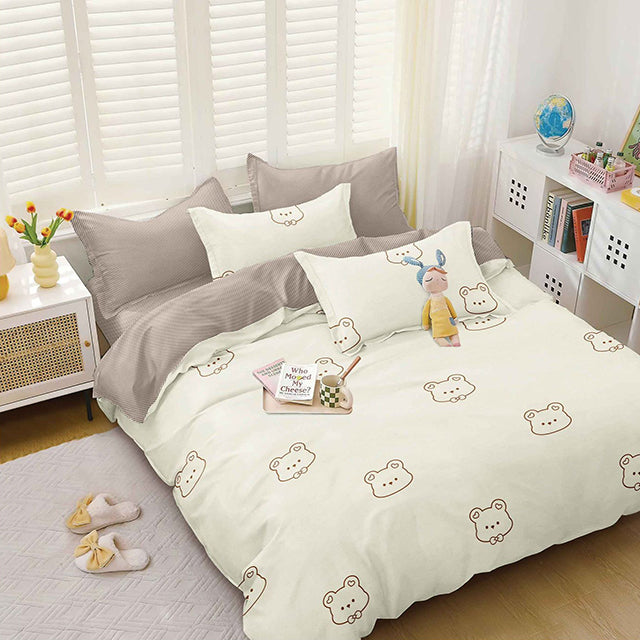 Спално бельо от Поликотън – цвят крем и сиво с мечета