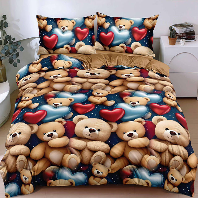 Спално бельо от поликотън – тъмносиньо и кафяво с мечета и сърчица 