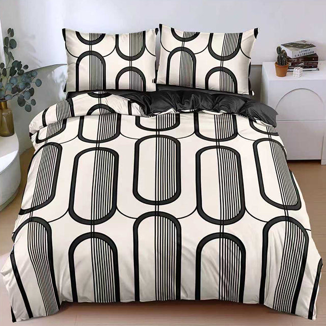 Спално бельо от поликотън – бяло и черно с геометричен мотив 
