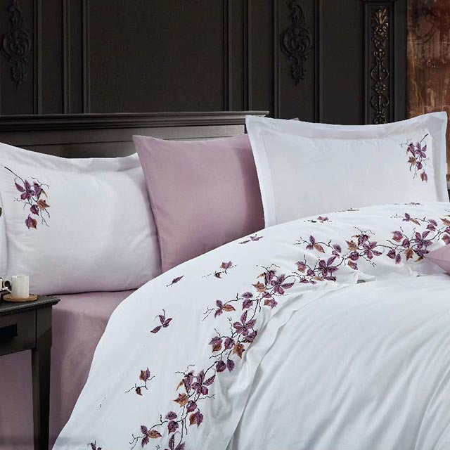 Луксозно спално бельо от бамбук с бродерия - Sonbahar - Lila