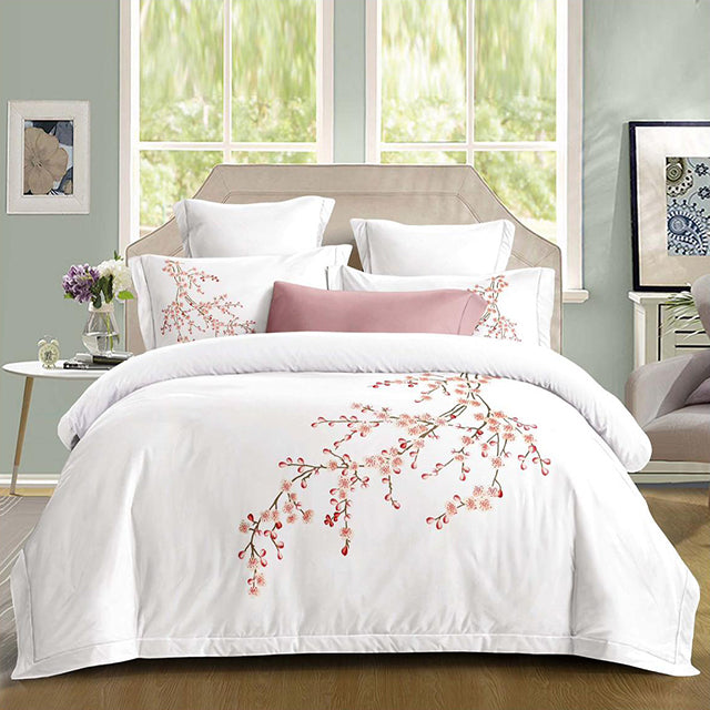 Луксозно спално бельо с ластик – бяло с клонки