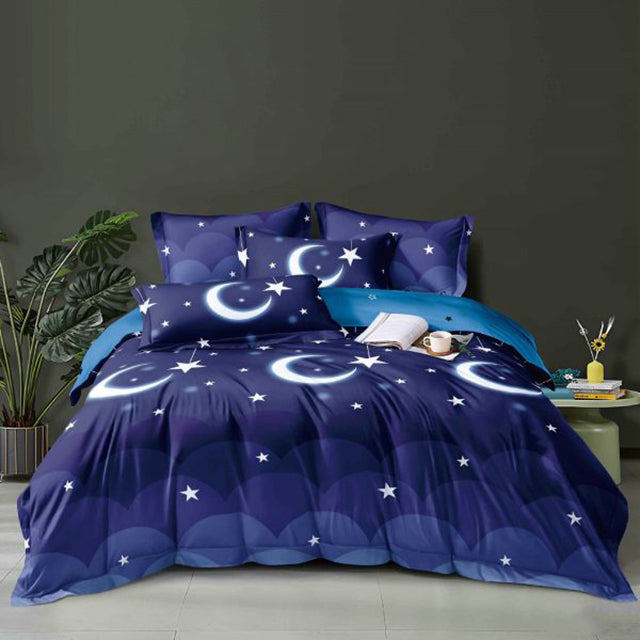 Единично спално бельо от 100% памук - тъмносин цвят със звезди и луни 